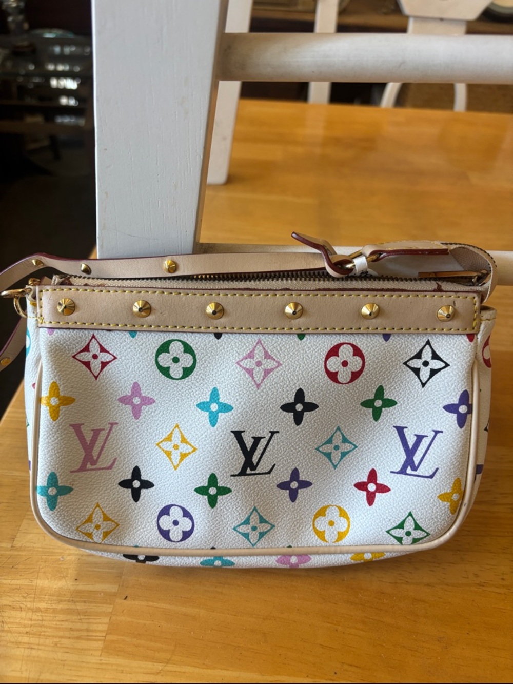 Louis Vuitton White Multicolor Monogram Mini Pochette with Gold Studs